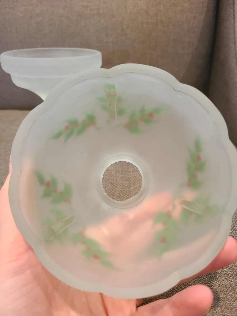 Vintage Westmoreland satin frosted glass fairy lamp with a holly and berry motif